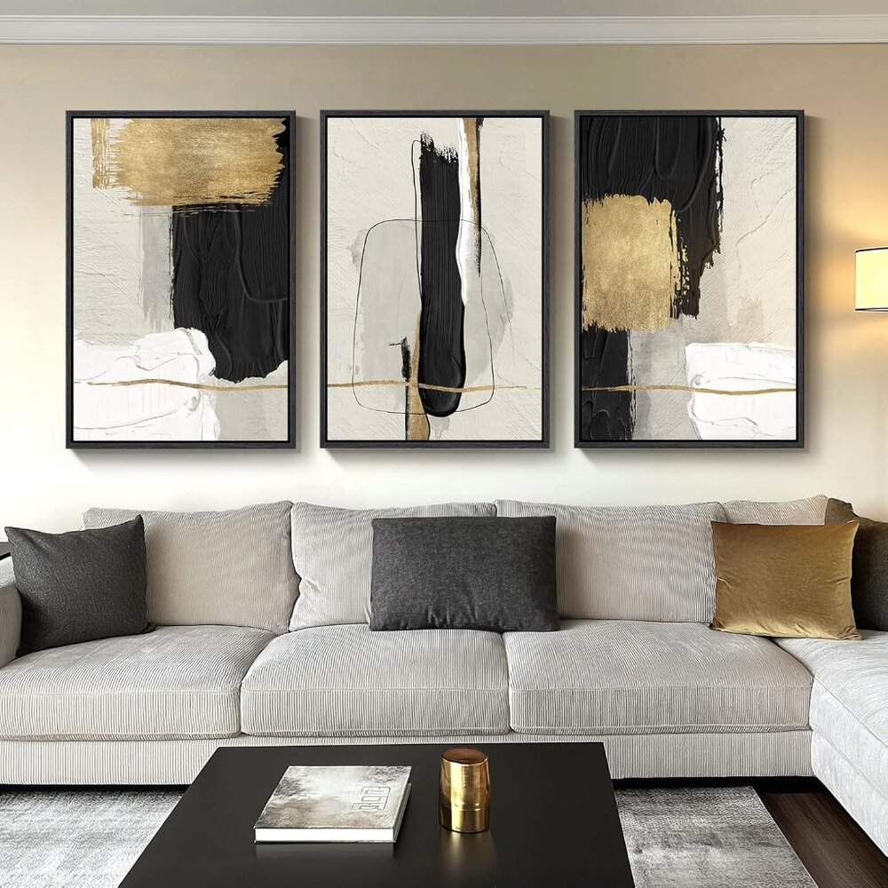 Contemporary Framed Black Gold Abstract Wall Art - 3 Piece Set for Modern Homes